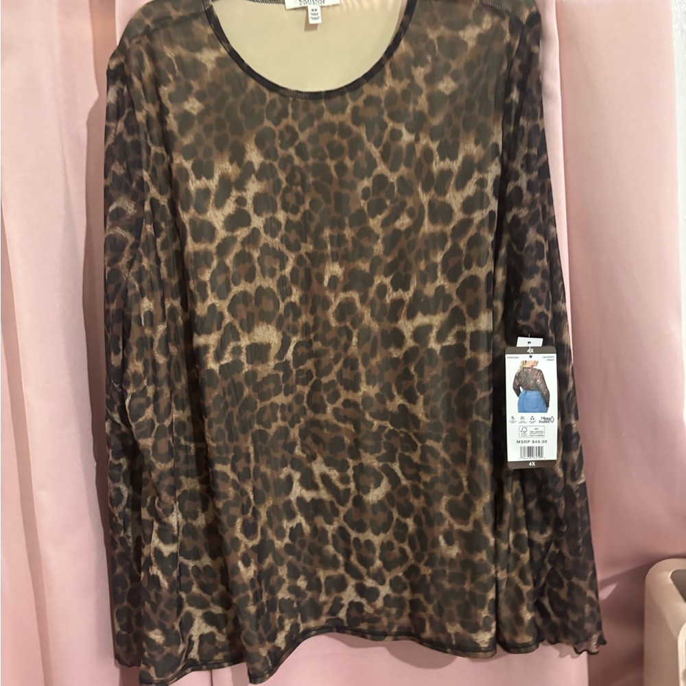 Sheer Leopard-Print Long Sleeve Top - Brown